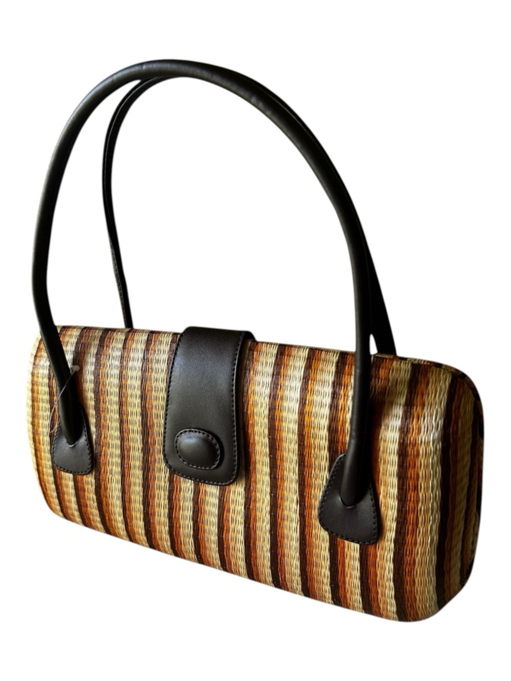 THE SAK Woven Straw Stripe Hardshell Handbag with Dark Brown Trim - Picture 12 of 13